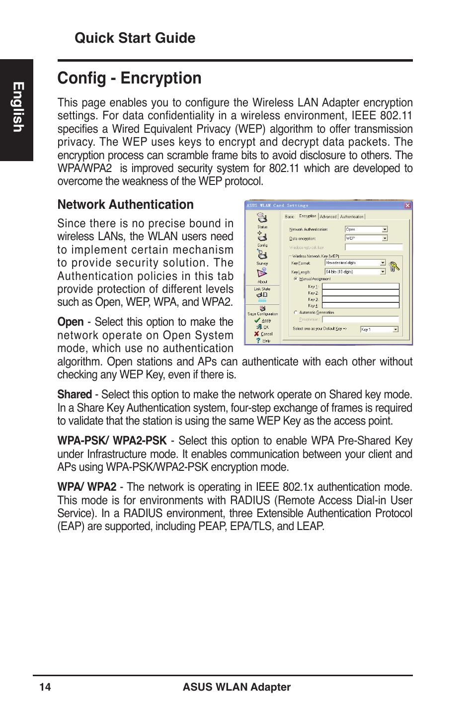 Config - encryption, Quick start guide english | Asus WL-160W User Manual | Page 15 / 127