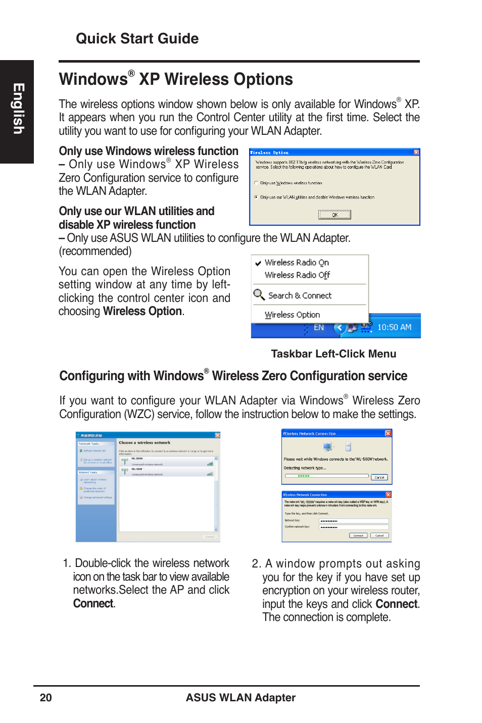 Windows, Xp wireless options, Quick start guide english | Asus WL-160W User Manual | Page 21 / 127