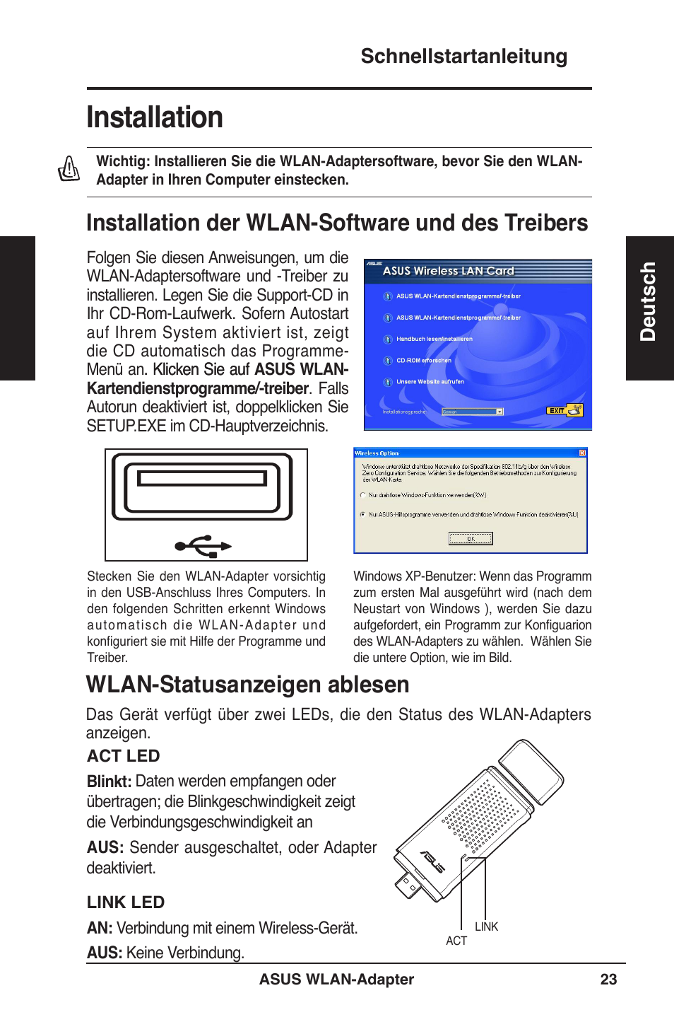 Installation, Installation der wlan-software und des treibers, Wlan-statusanzeigen ablesen | Schnellstartanleitung deutsch | Asus WL-160W User Manual | Page 24 / 127