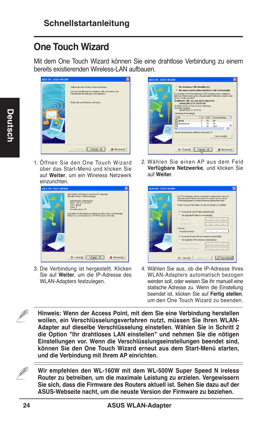 One touch wizard, Schnellstartanleitung deutsch | Asus WL-160W User Manual | Page 25 / 127