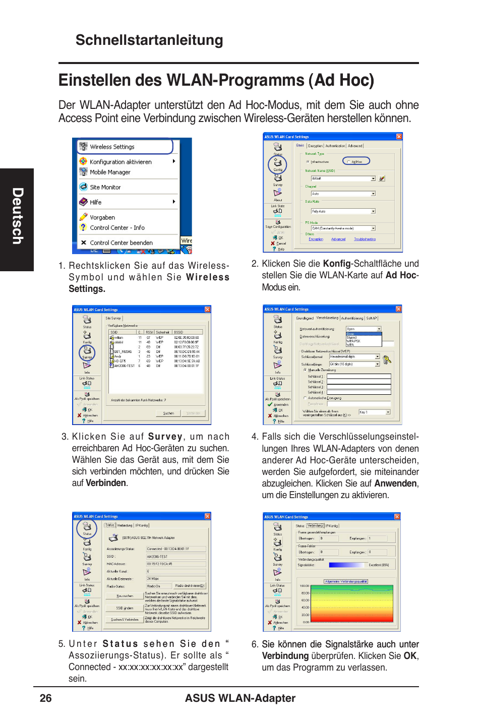 Einstellen des wlan-programms (ad hoc) (ad hoc), Schnellstartanleitung deutsch | Asus WL-160W User Manual | Page 27 / 127