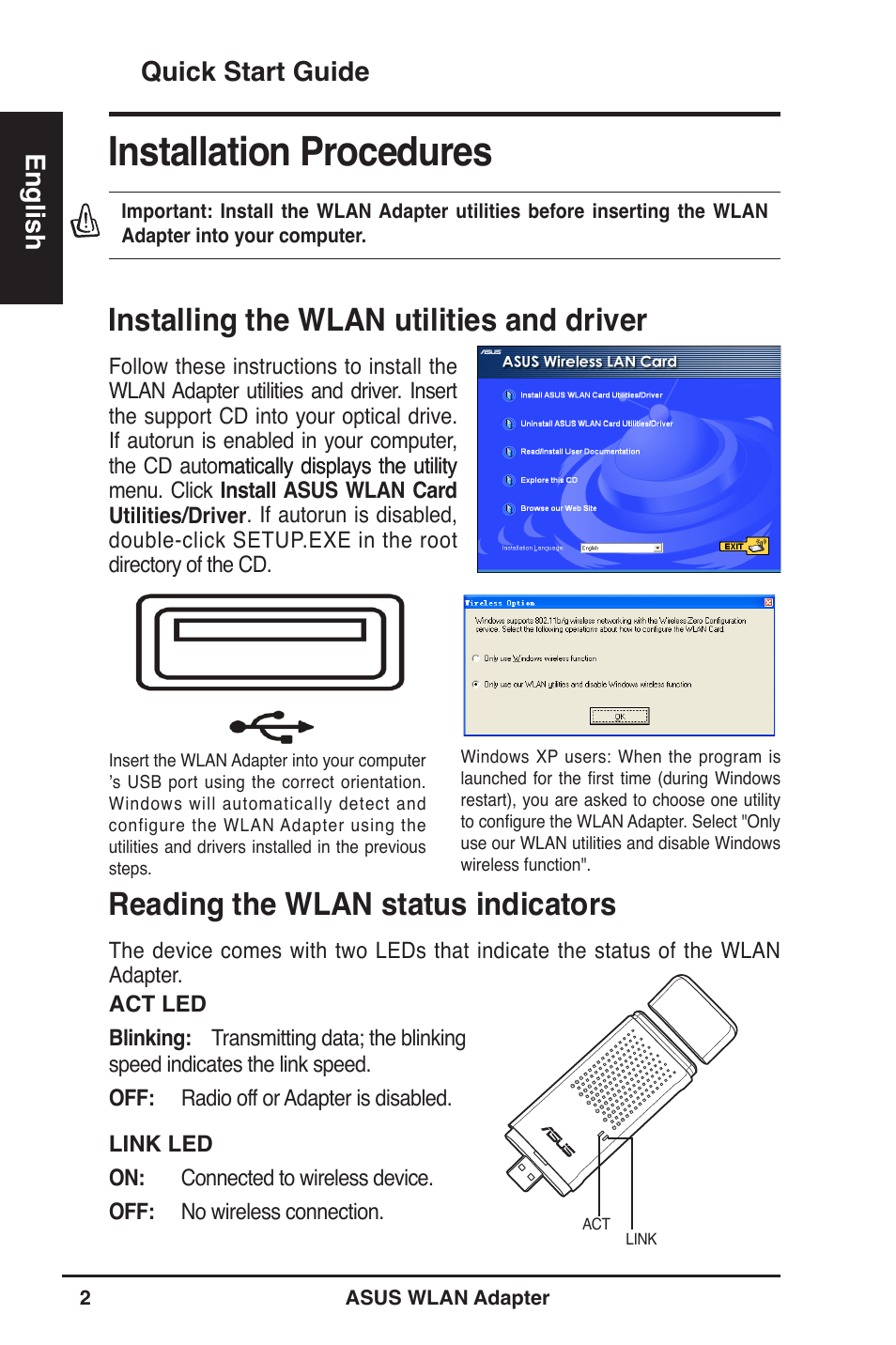 Installation procedures, Installing the wlan utilities and driver, Reading the wlan status indicators | Quick start guide english | Asus WL-160W User Manual | Page 3 / 127