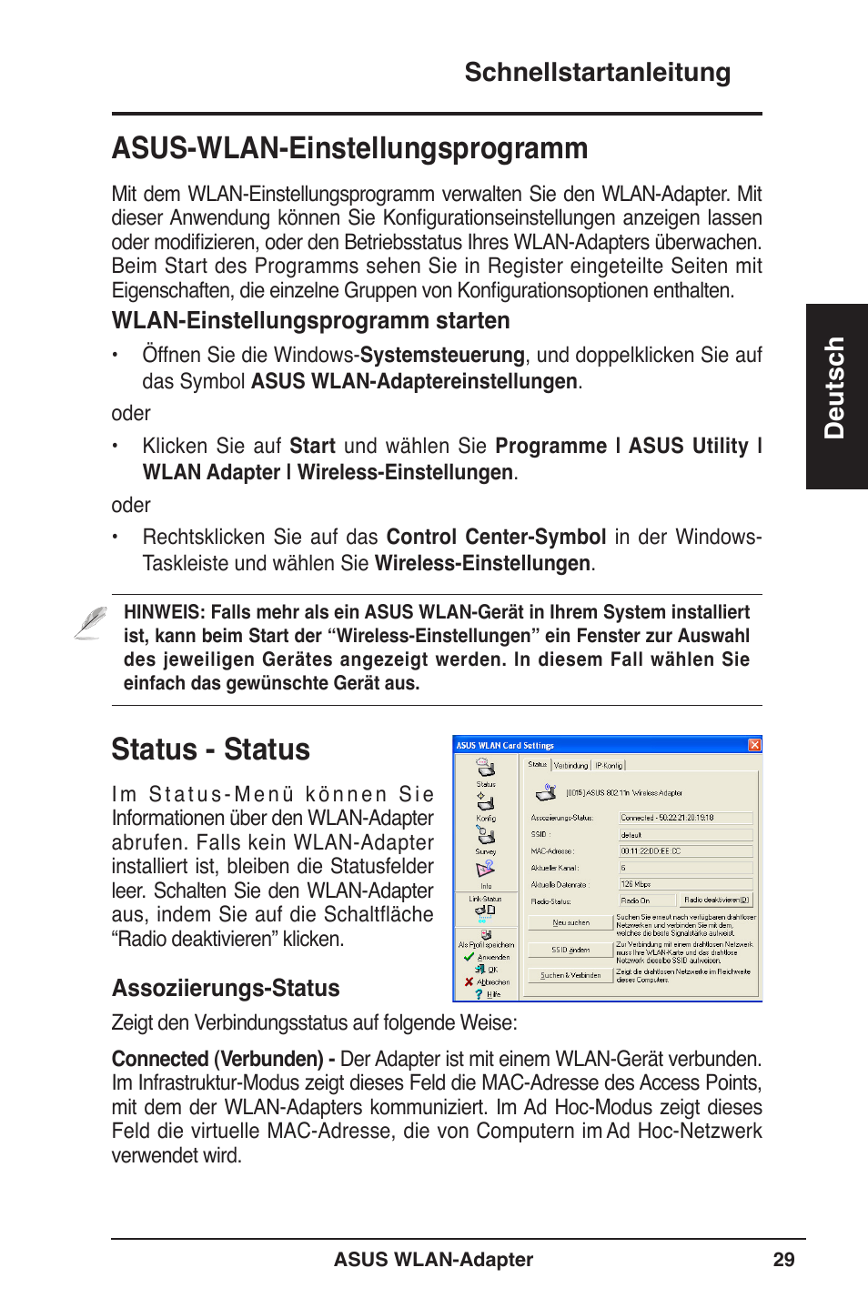 Status - status, Asus-wlan-einstellungsprogramm, Schnellstartanleitung deutsch | Asus WL-160W User Manual | Page 30 / 127
