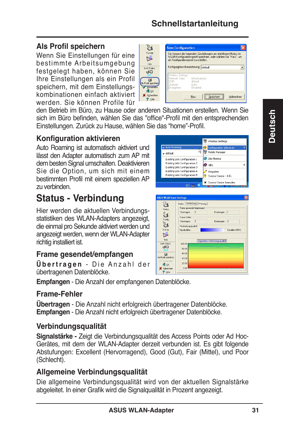 Status - verbindung, Schnellstartanleitung deutsch | Asus WL-160W User Manual | Page 32 / 127