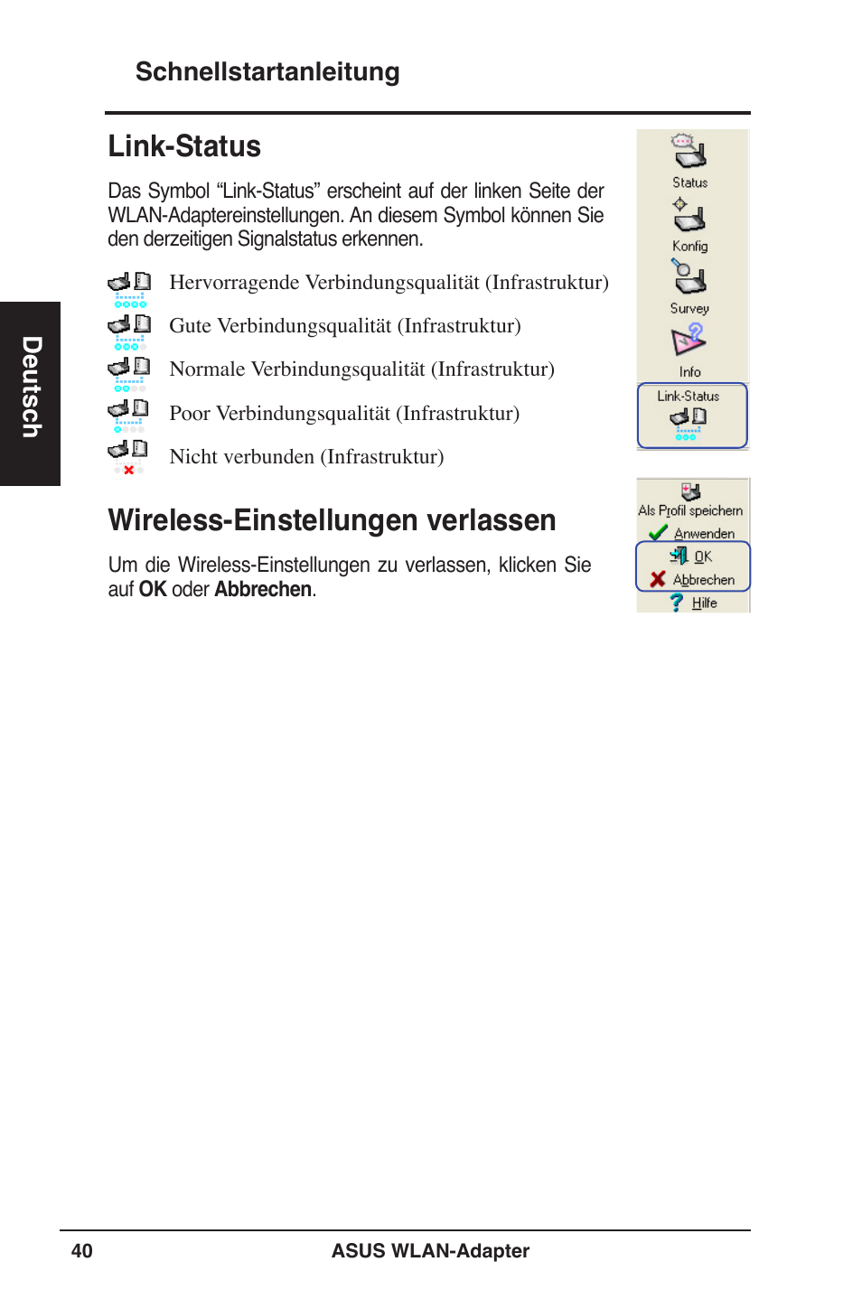 Link-status, Wireless-einstellungen verlassen | Asus WL-160W User Manual | Page 41 / 127