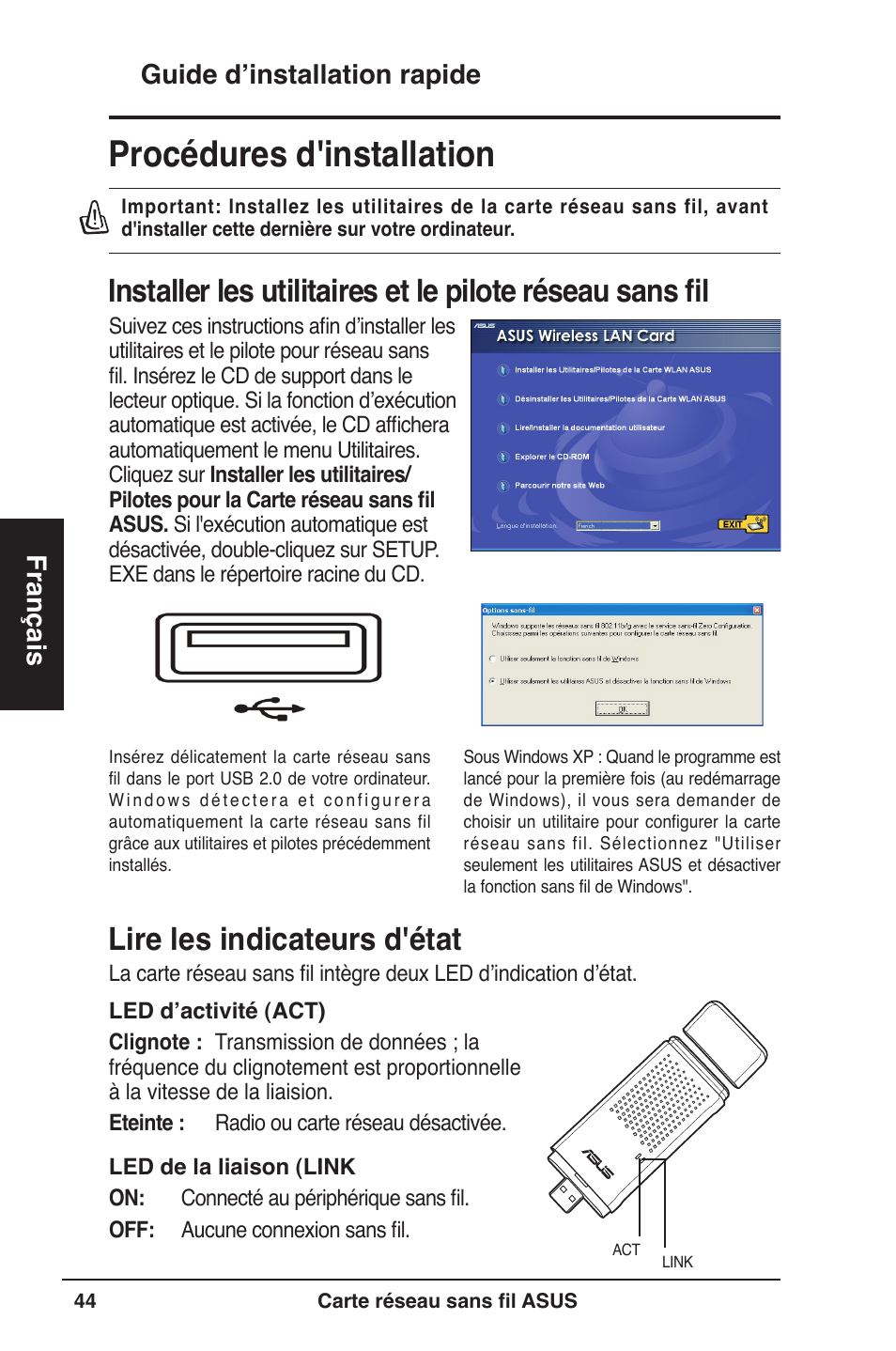 Procédures d'installation, Lire les indicateurs d'état, Guide d’installation rapide français | Asus WL-160W User Manual | Page 45 / 127