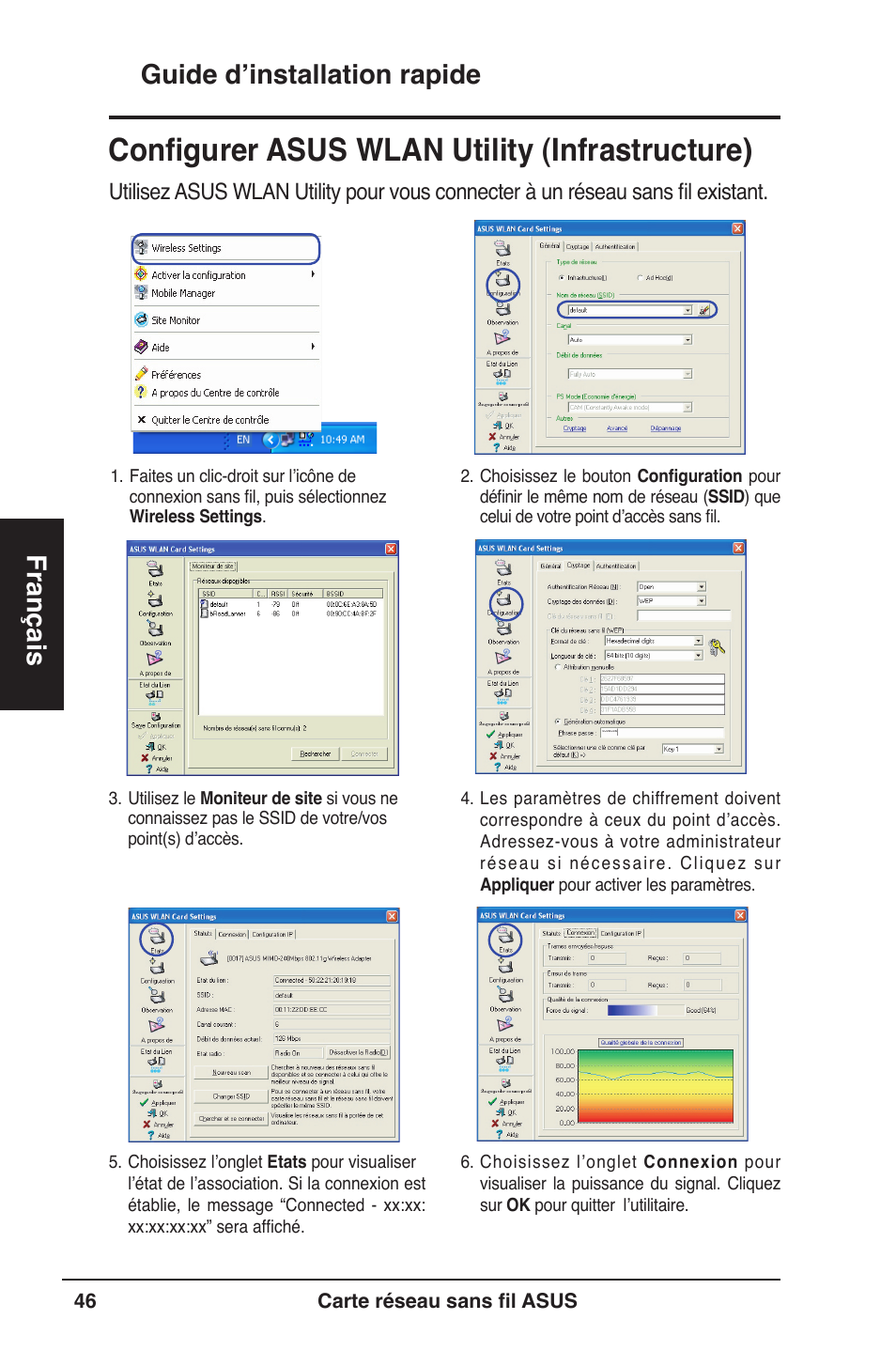 Configurer asus wlan utility (infrastructure), Guide d’installation rapide français | Asus WL-160W User Manual | Page 47 / 127