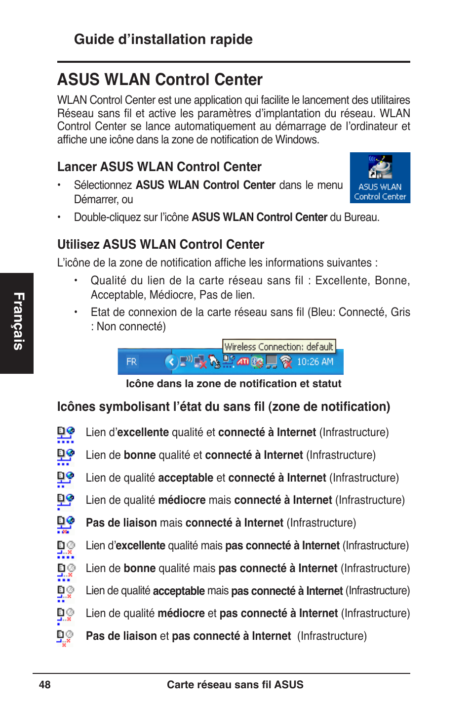 Asus wlan control center, Guide d’installation rapide français | Asus WL-160W User Manual | Page 49 / 127