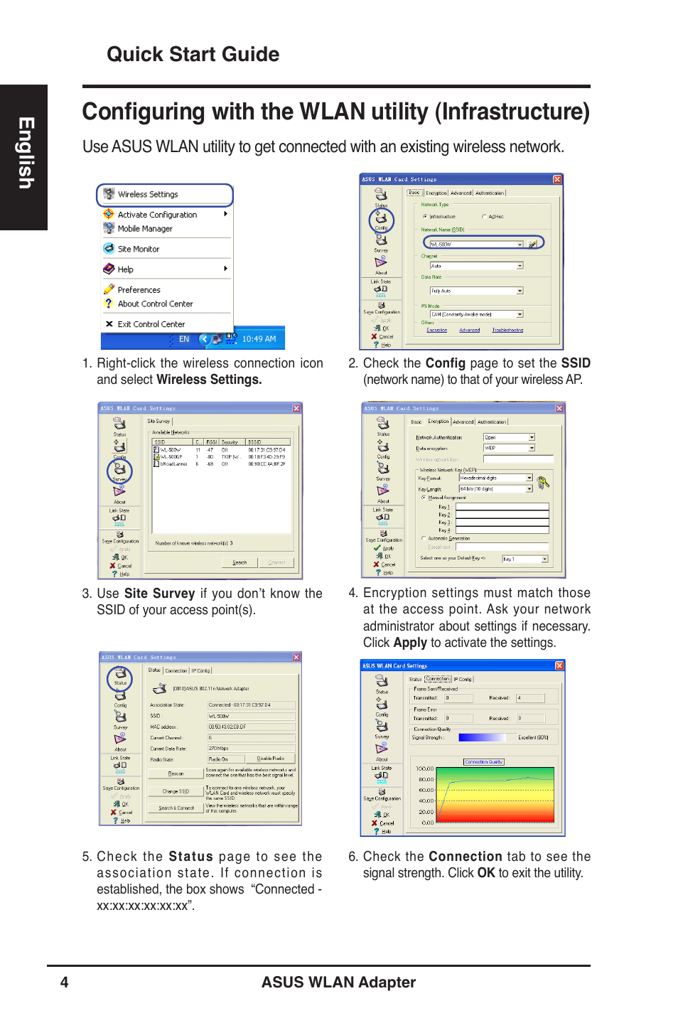 Configuring with the wlan utility (infrastructure), Quick start guide english | Asus WL-160W User Manual | Page 5 / 127