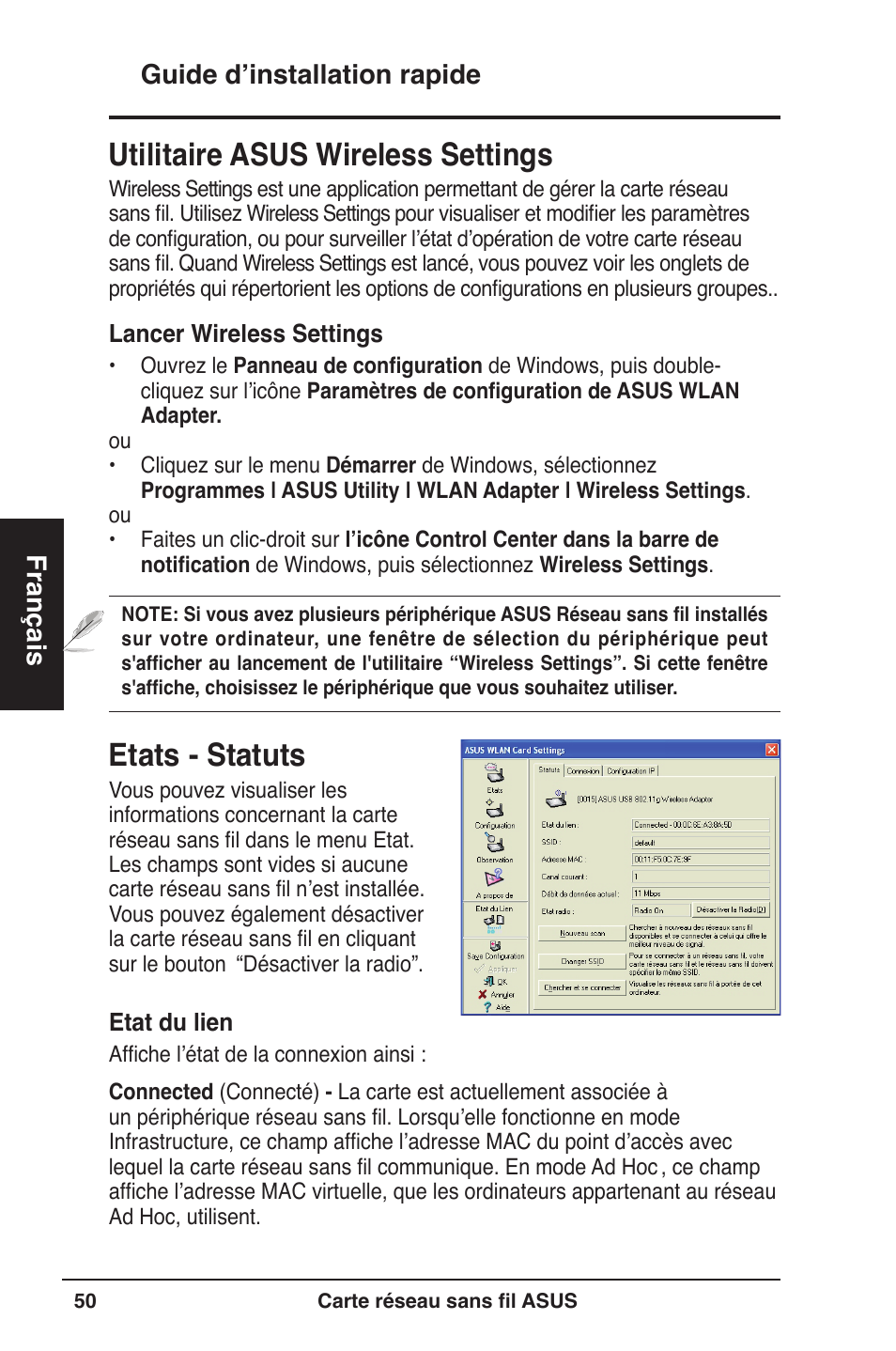 Etats - statuts, Utilitaire asus wireless settings, Guide d’installation rapide français | Asus WL-160W User Manual | Page 51 / 127