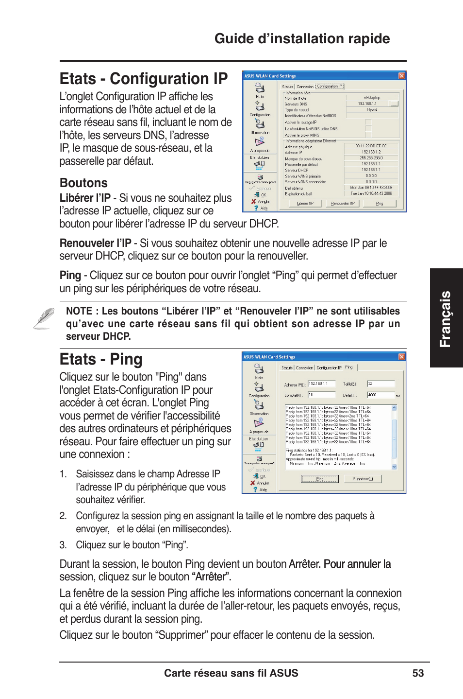 Etats - configuration ip, Etats - ping, Guide d’installation rapide français | Asus WL-160W User Manual | Page 54 / 127