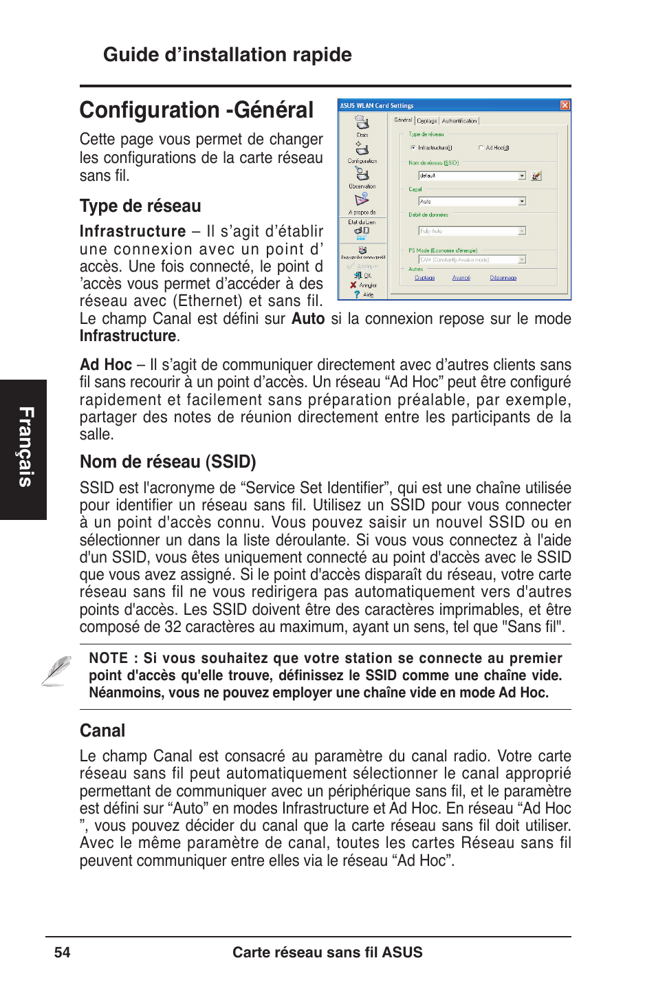 Configuration -général, Guide d’installation rapide français | Asus WL-160W User Manual | Page 55 / 127