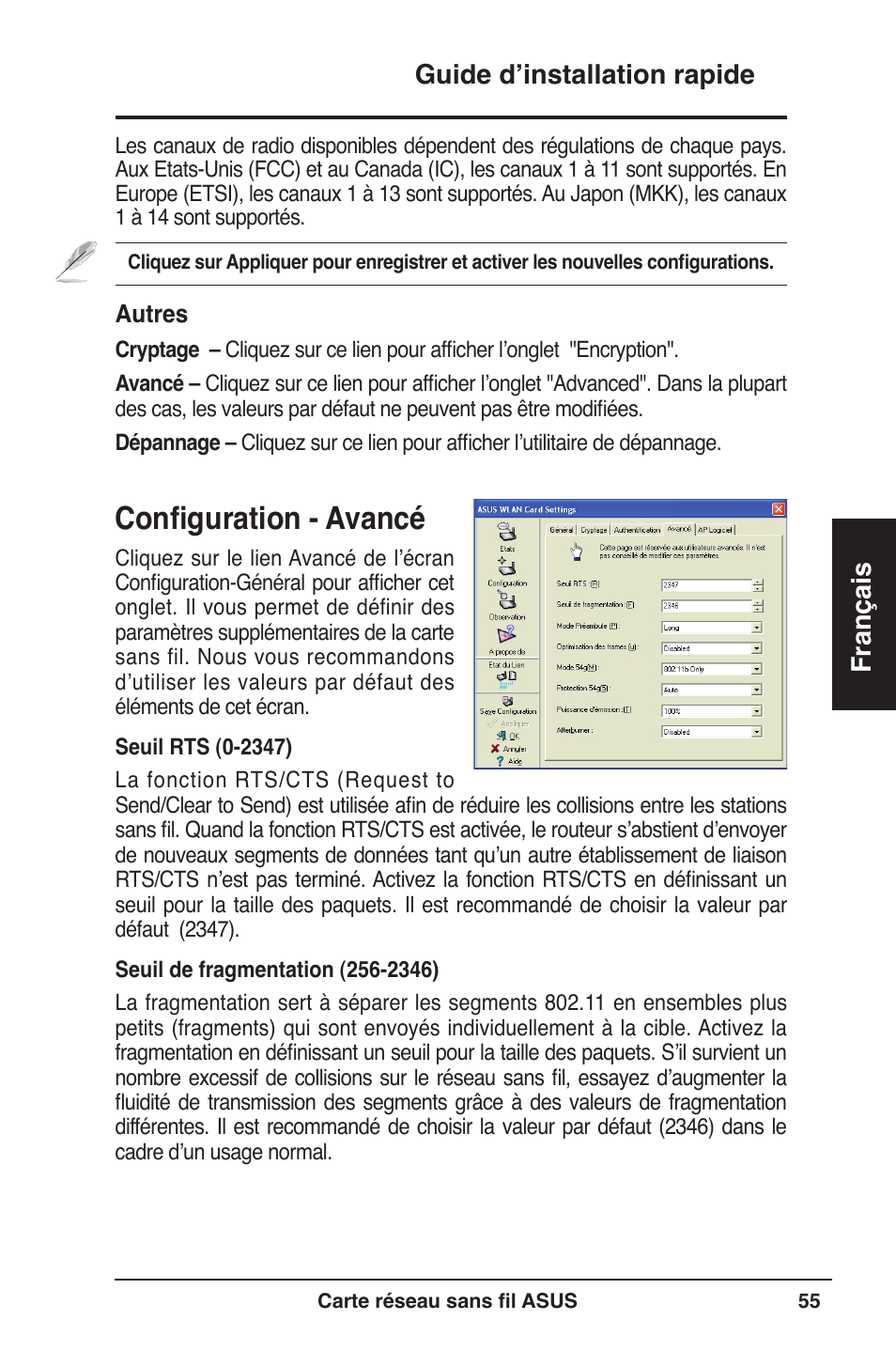 Configuration - avancé, Guide d’installation rapide français | Asus WL-160W User Manual | Page 56 / 127