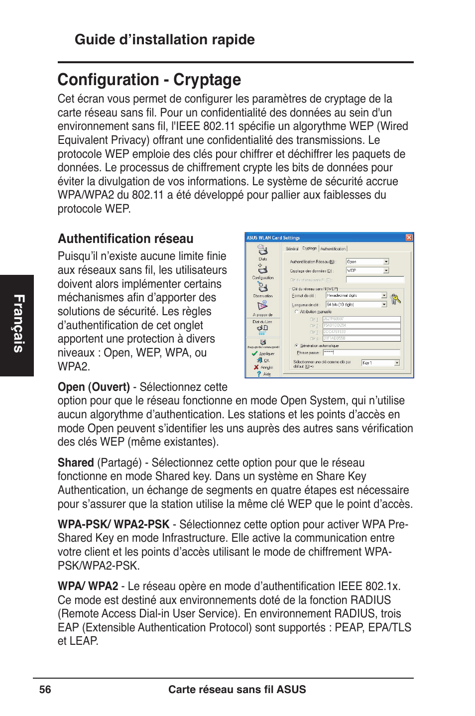 Configuration - cryptage, Guide d’installation rapide français | Asus WL-160W User Manual | Page 57 / 127