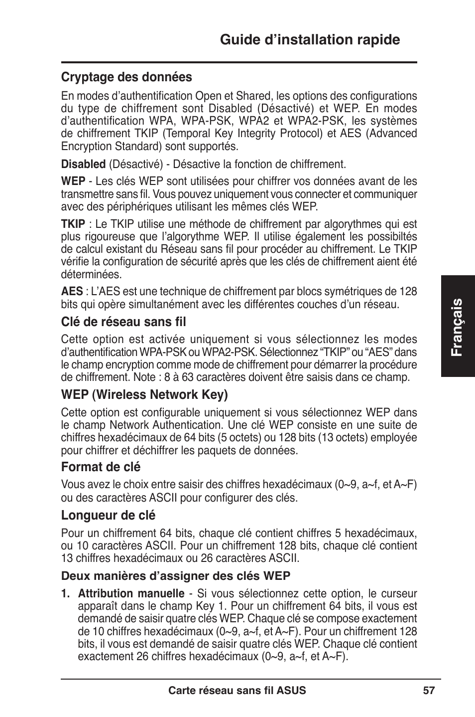 Guide d’installation rapide français | Asus WL-160W User Manual | Page 58 / 127