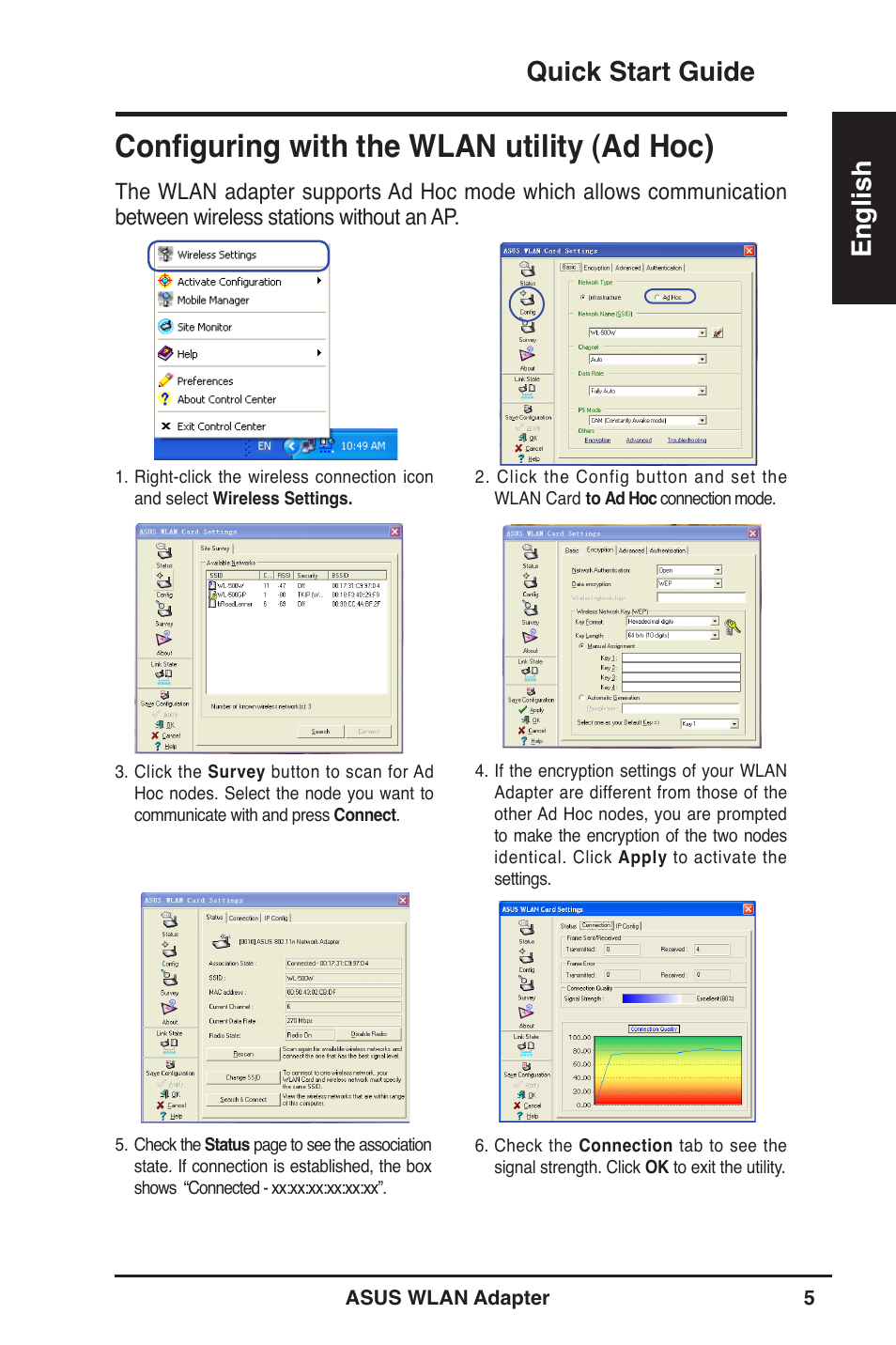 Configuring with the wlan utility (ad hoc), Quick start guide english | Asus WL-160W User Manual | Page 6 / 127