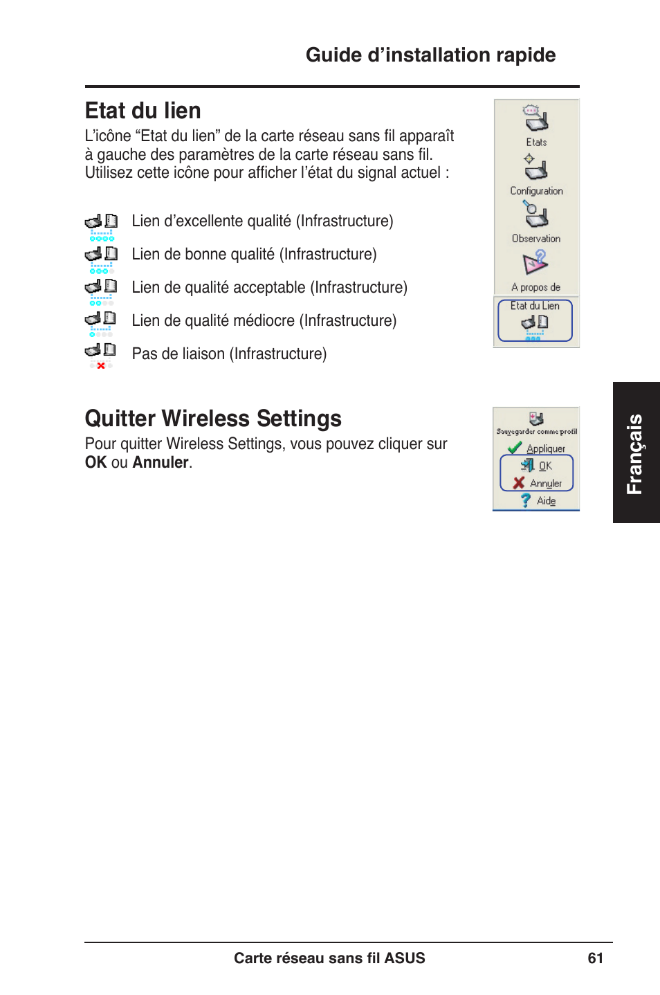 Etat du lien, Quitter wireless settings | Asus WL-160W User Manual | Page 62 / 127