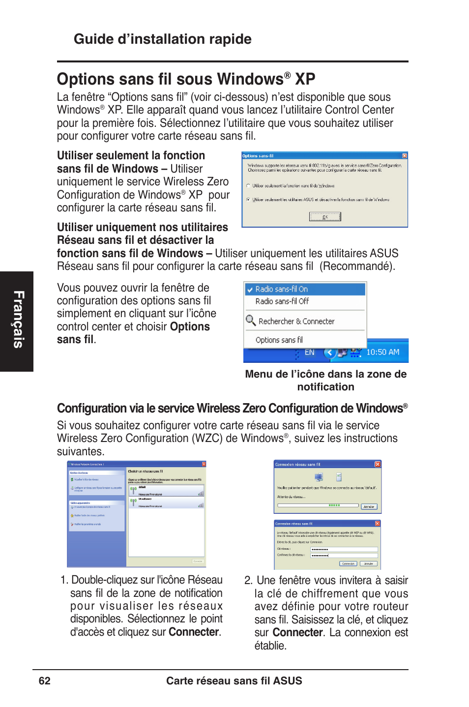 Options sans fil sous windows, Guide d’installation rapide français | Asus WL-160W User Manual | Page 63 / 127