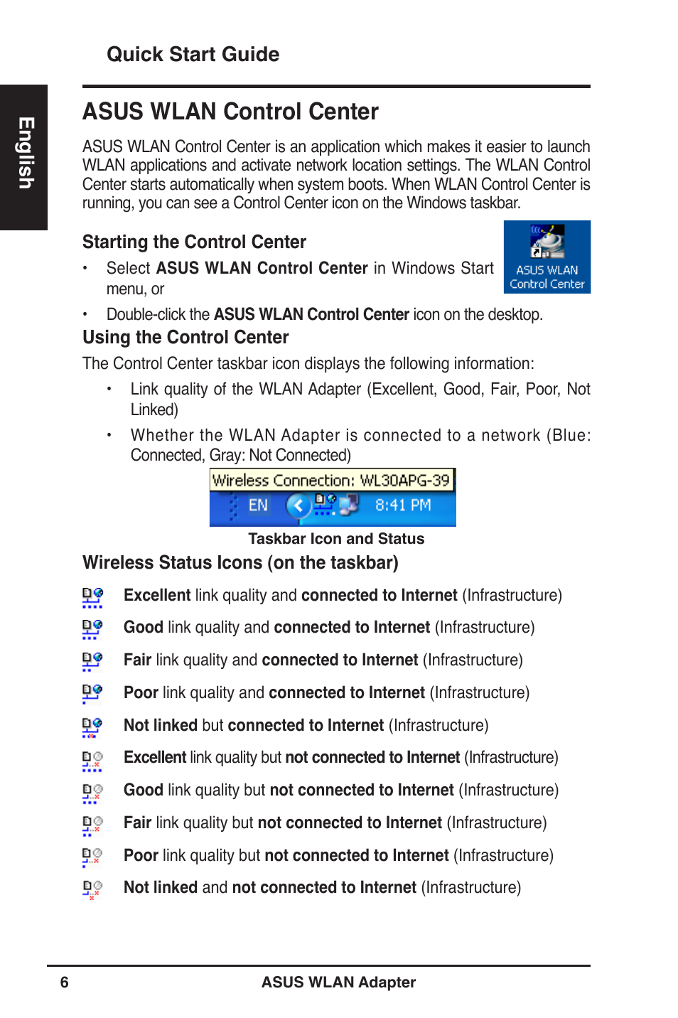 Asus wlan control center | Asus WL-160W User Manual | Page 7 / 127