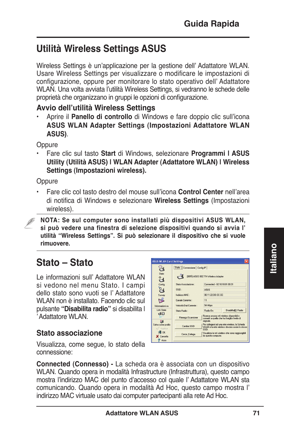 Stato – stato, Utilità wireless settings asus, Guida rapida italiano | Asus WL-160W User Manual | Page 72 / 127