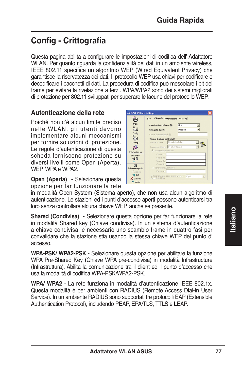 Config - crittografia, Guida rapida italiano | Asus WL-160W User Manual | Page 78 / 127