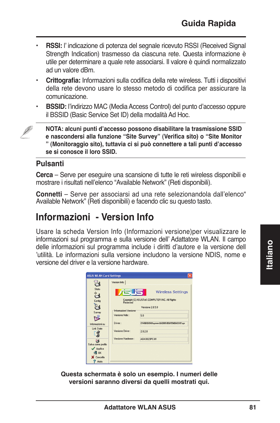 Informazioni - version info, Guida rapida italiano | Asus WL-160W User Manual | Page 82 / 127