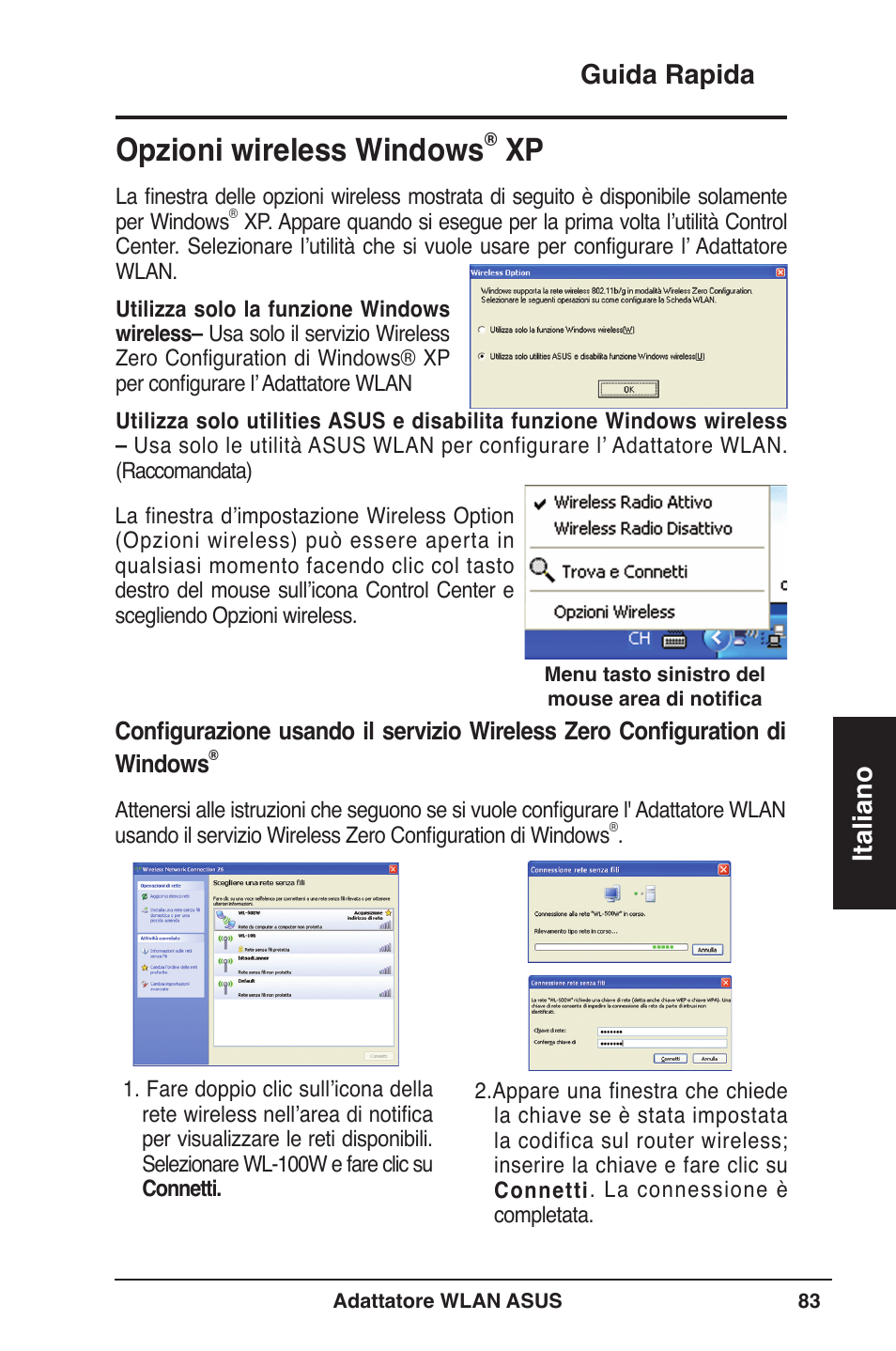 Opzioni wireless windows, Guida rapida italiano | Asus WL-160W User Manual | Page 84 / 127