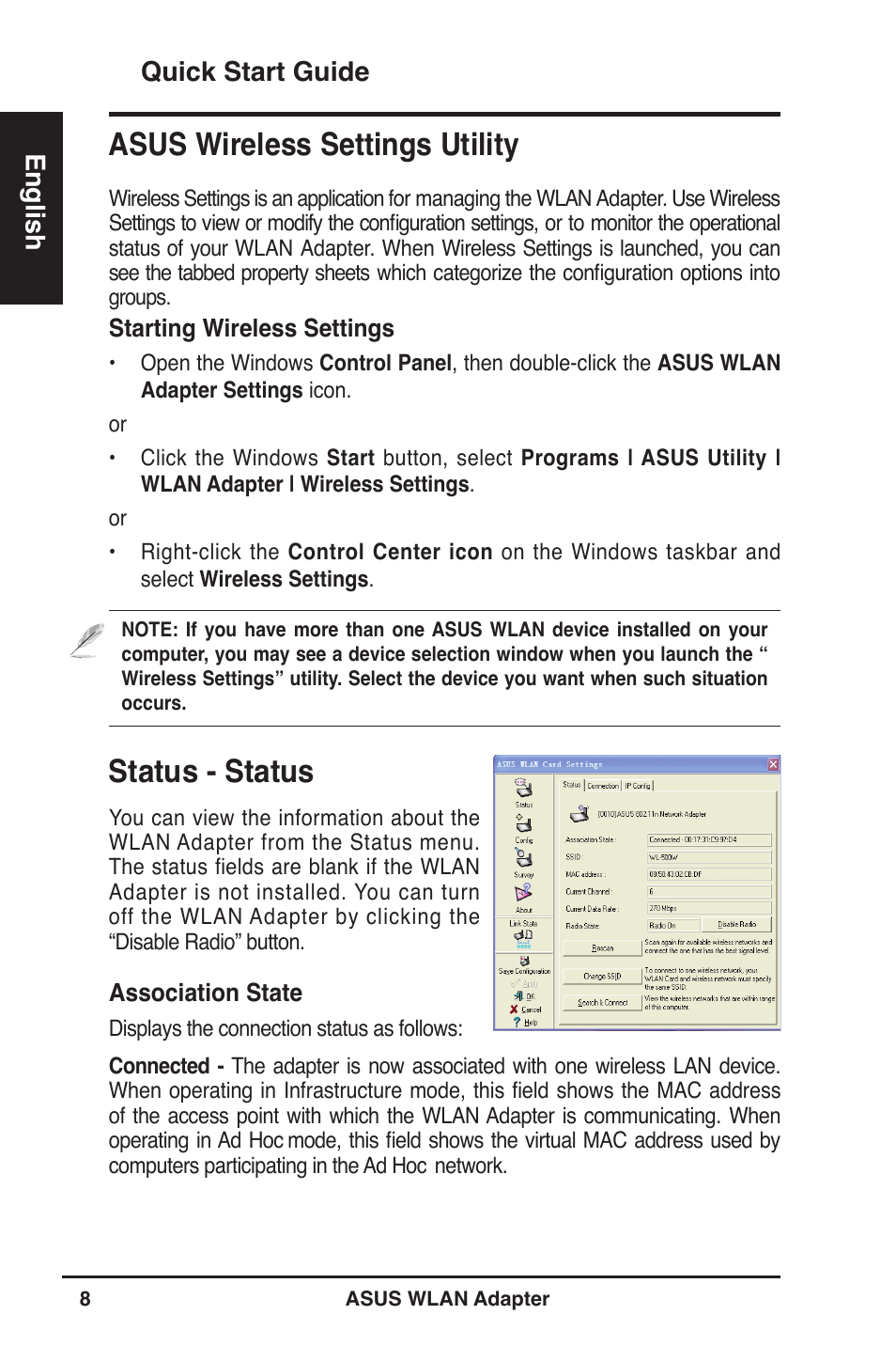 Status - status, Asus wireless settings utility, Quick start guide english | Asus WL-160W User Manual | Page 9 / 127