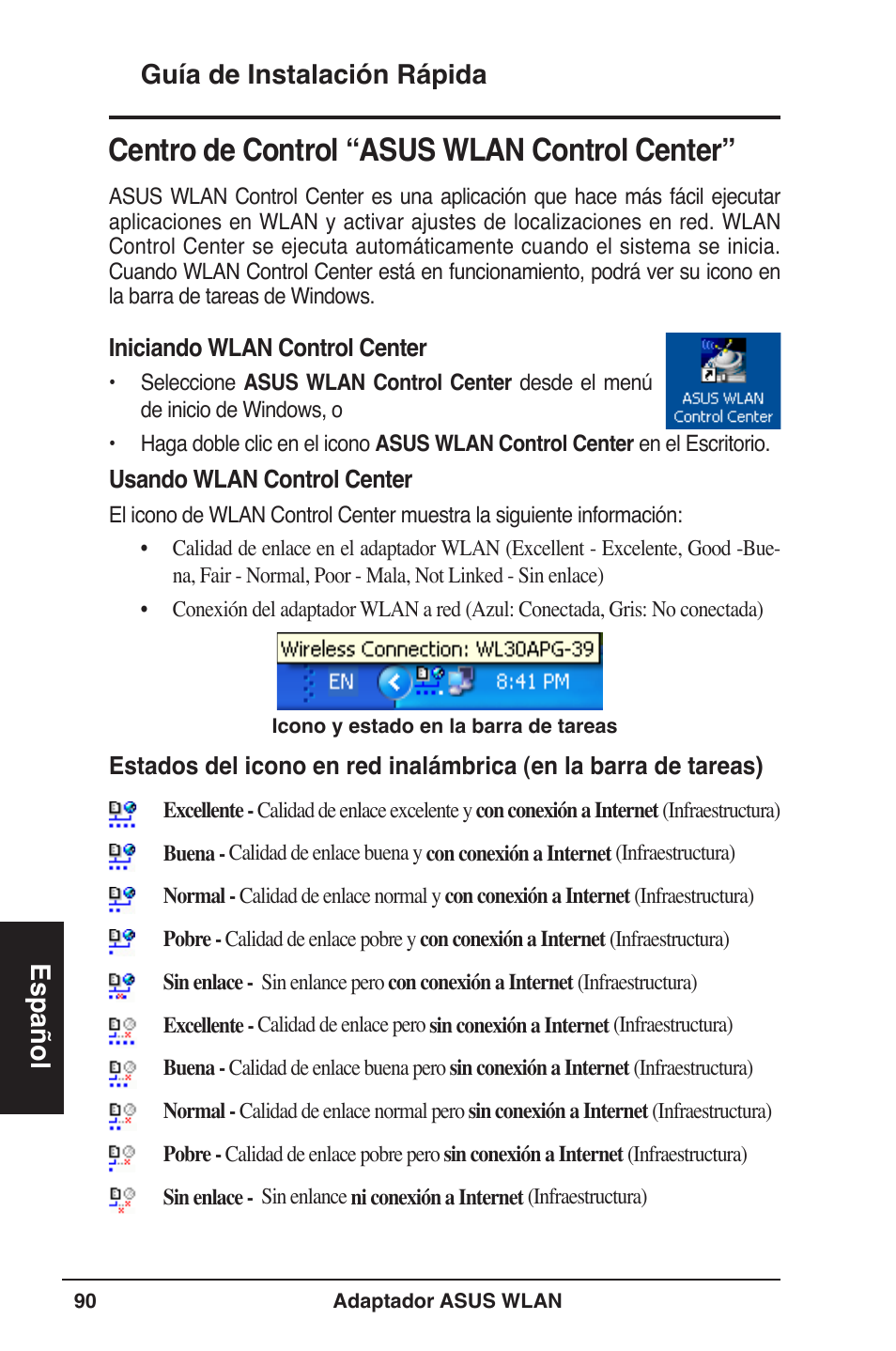 Centro de control “asus wlan control center | Asus WL-160W User Manual | Page 91 / 127