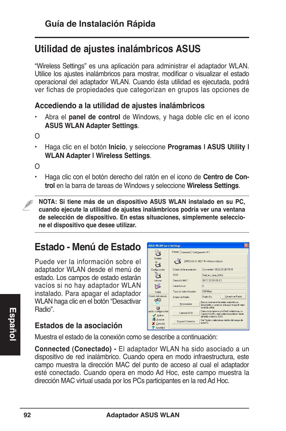 Estado - �enú de estado, Utilidad de ajustes inalámbricos asus, Guía de instalación rápida español | Asus WL-160W User Manual | Page 93 / 127