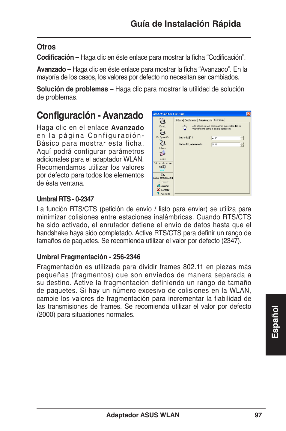 Configuración - avanzado, Guía de instalación rápida español | Asus WL-160W User Manual | Page 98 / 127