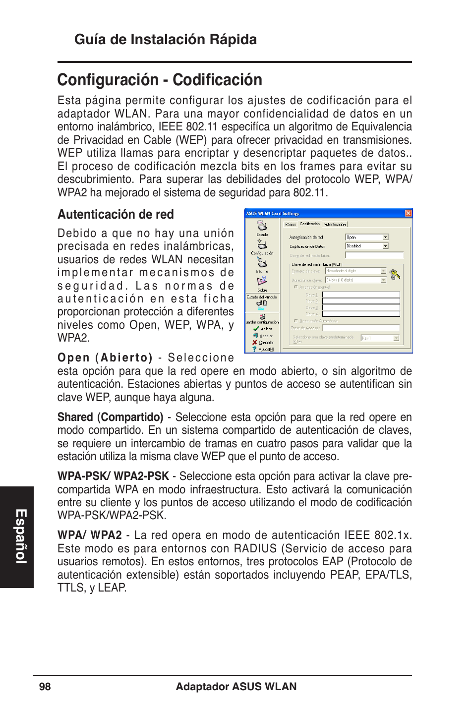 Configuración - codificación, Guía de instalación rápida español | Asus WL-160W User Manual | Page 99 / 127