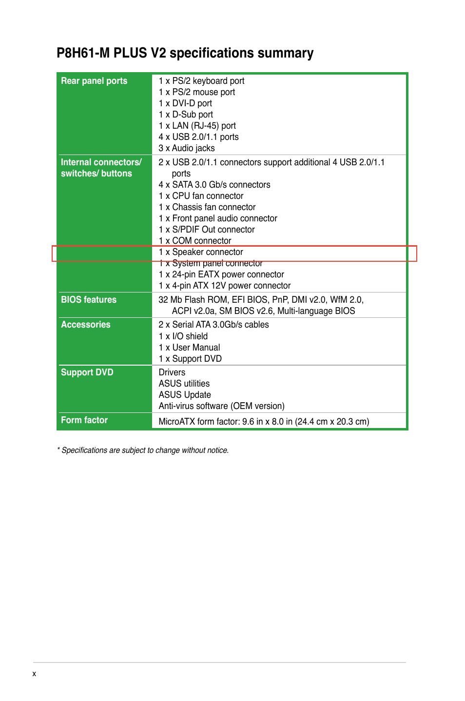 P8h61-m plus v2 specifications summary | Asus P8H61-M PLUS V2 User Manual | Page 10 / 60