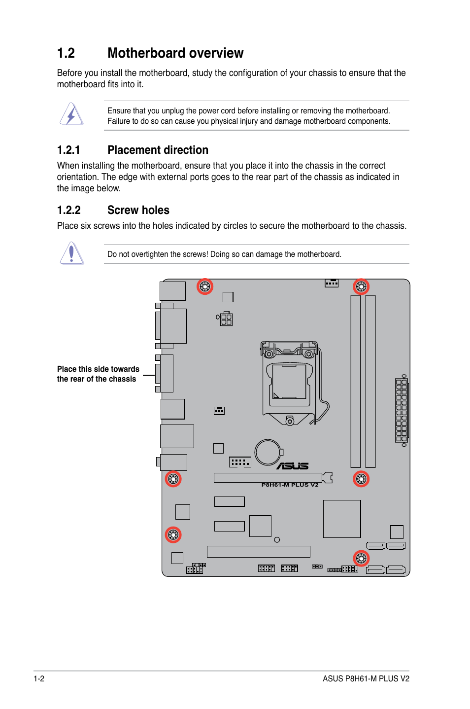 2 motherboard overview, 1 placement direction, 2 screw holes | Asus P8H61-M PLUS V2 User Manual | Page 12 / 60