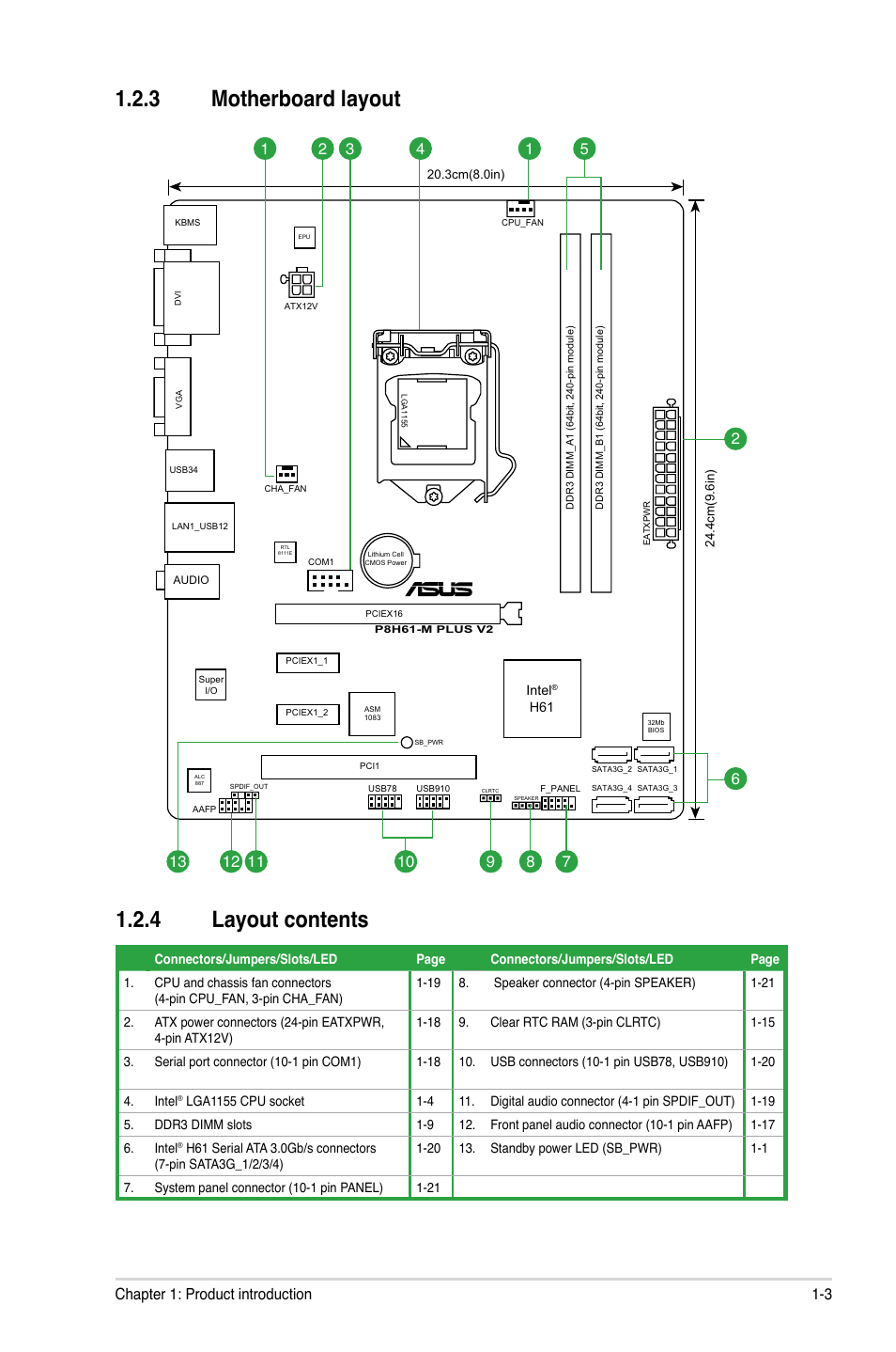 3 motherboard layout 1.2.4 layout contents, 3 chapter 1: product introduction | Asus P8H61-M PLUS V2 User Manual | Page 13 / 60