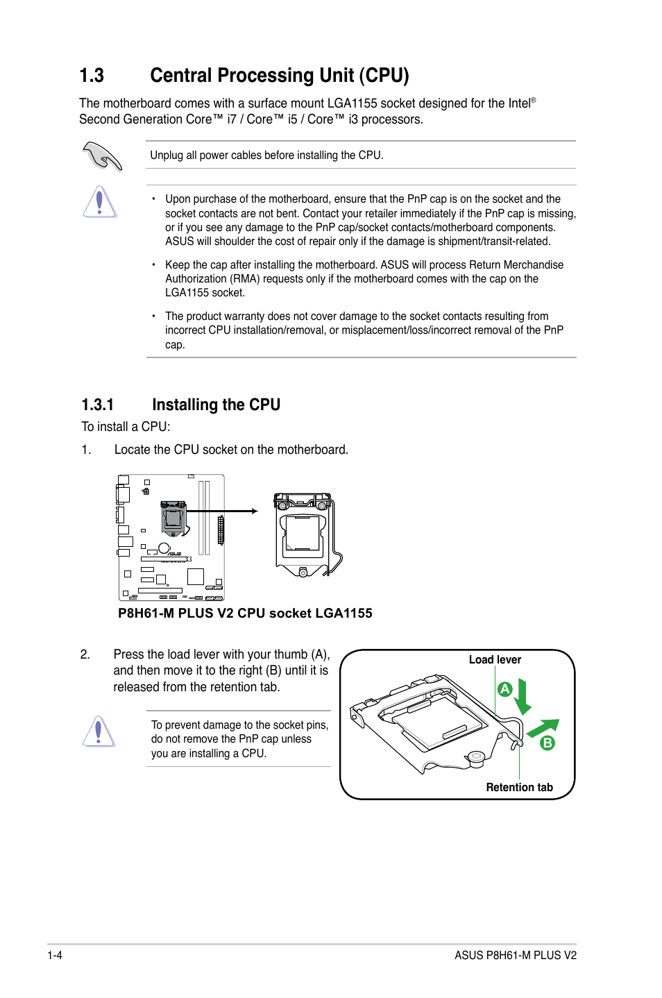 3 central processing unit (cpu), 1 installing the cpu | Asus P8H61-M PLUS V2 User Manual | Page 14 / 60