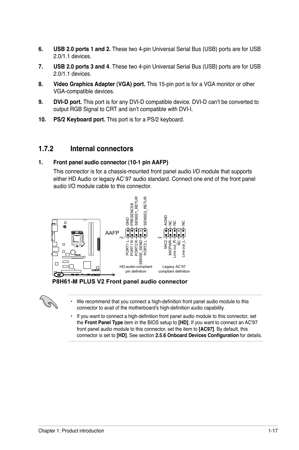 2 internal connectors, P8h61-m plus v2 front panel audio connector | Asus P8H61-M PLUS V2 User Manual | Page 27 / 60