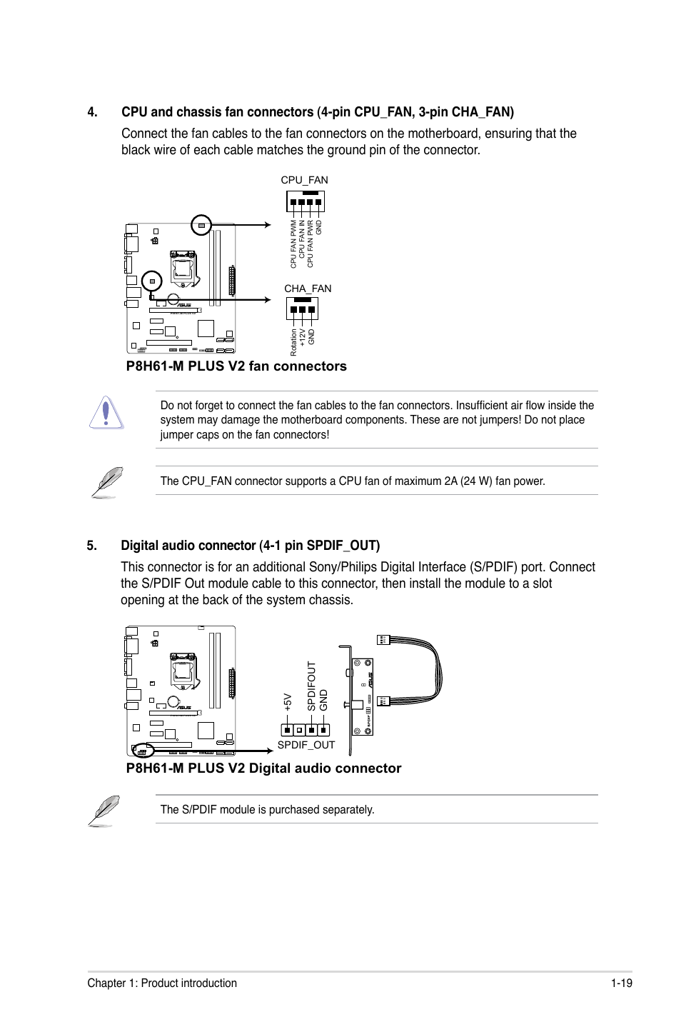 P8h61-m plus v2 fan connectors, P8h61-m plus v2 digital audio connector | Asus P8H61-M PLUS V2 User Manual | Page 29 / 60