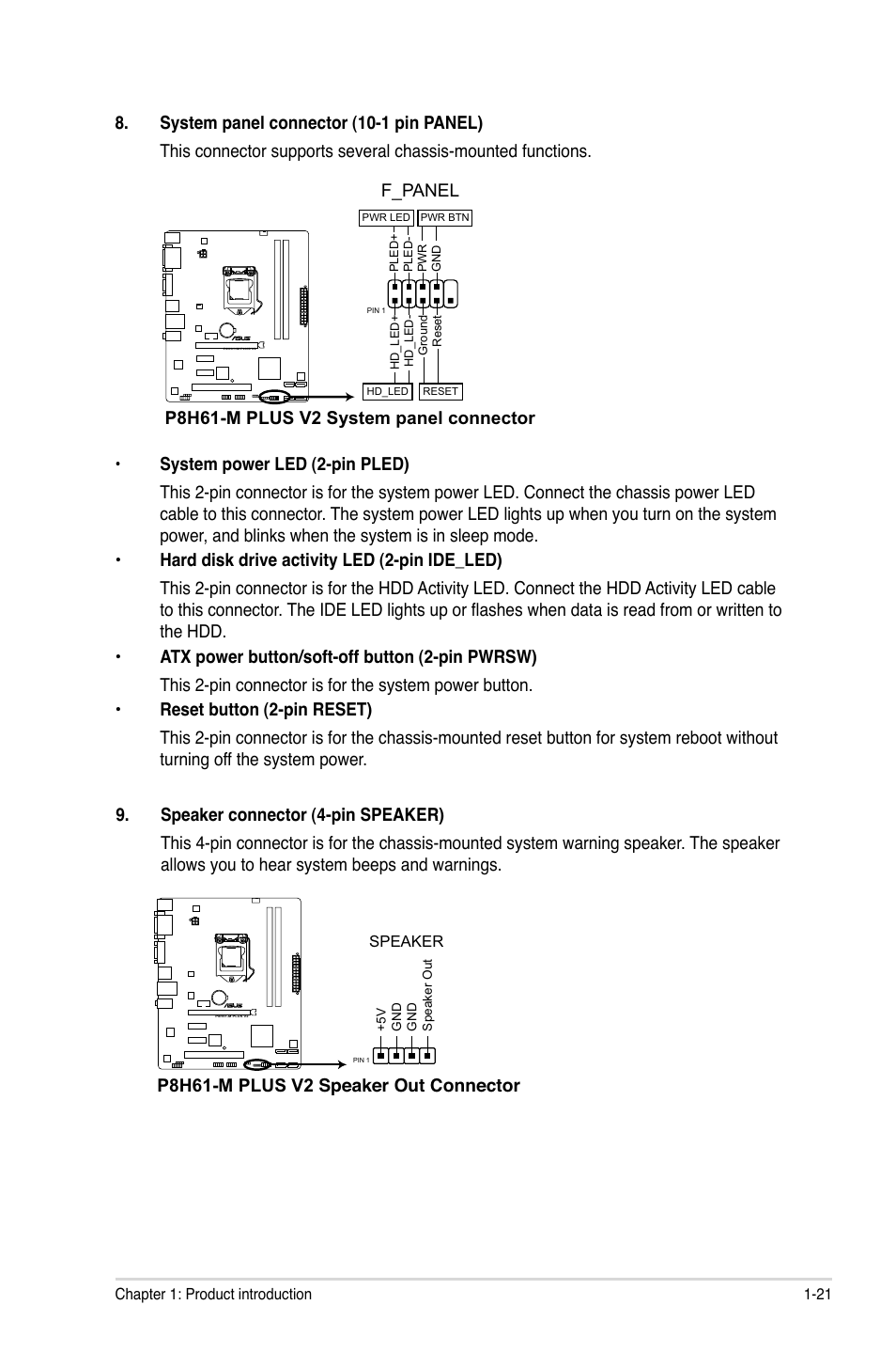 P8h61-m plus v2 system panel connector, F_panel, P8h61-m plus v2 speaker out connector | Asus P8H61-M PLUS V2 User Manual | Page 31 / 60