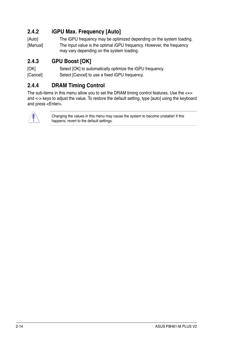 2 igpu max. frequency [auto, 3 gpu boost [ok, 4 dram timing control | Asus P8H61-M PLUS V2 User Manual | Page 46 / 60