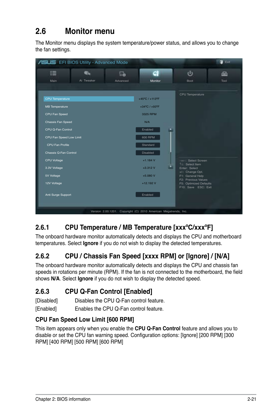 6 monitor menu, 1 cpu temperature / mb temperature [xxxºc/xxxºf, 3 cpu q-fan control [enabled | Cpu fan speed low limit [600 rpm, Chapter 2: bios information 2-21 | Asus P8H61-M PLUS V2 User Manual | Page 53 / 60