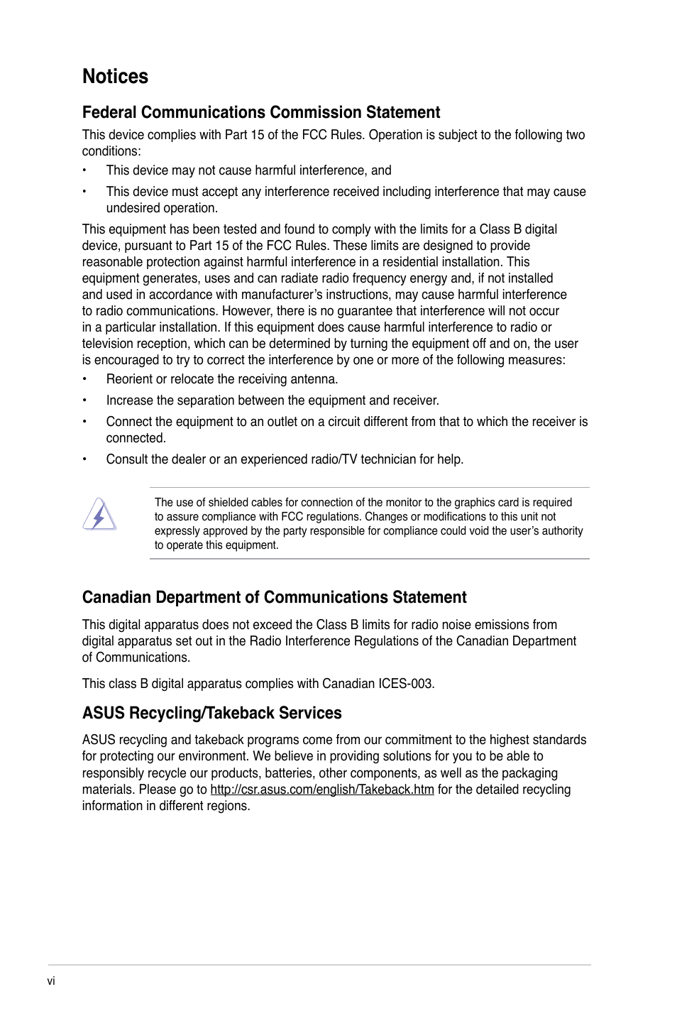 Notices, Federal communications commission statement, Canadian department of communications statement | Asus recycling/takeback services | Asus P8H61-M PLUS V2 User Manual | Page 6 / 60