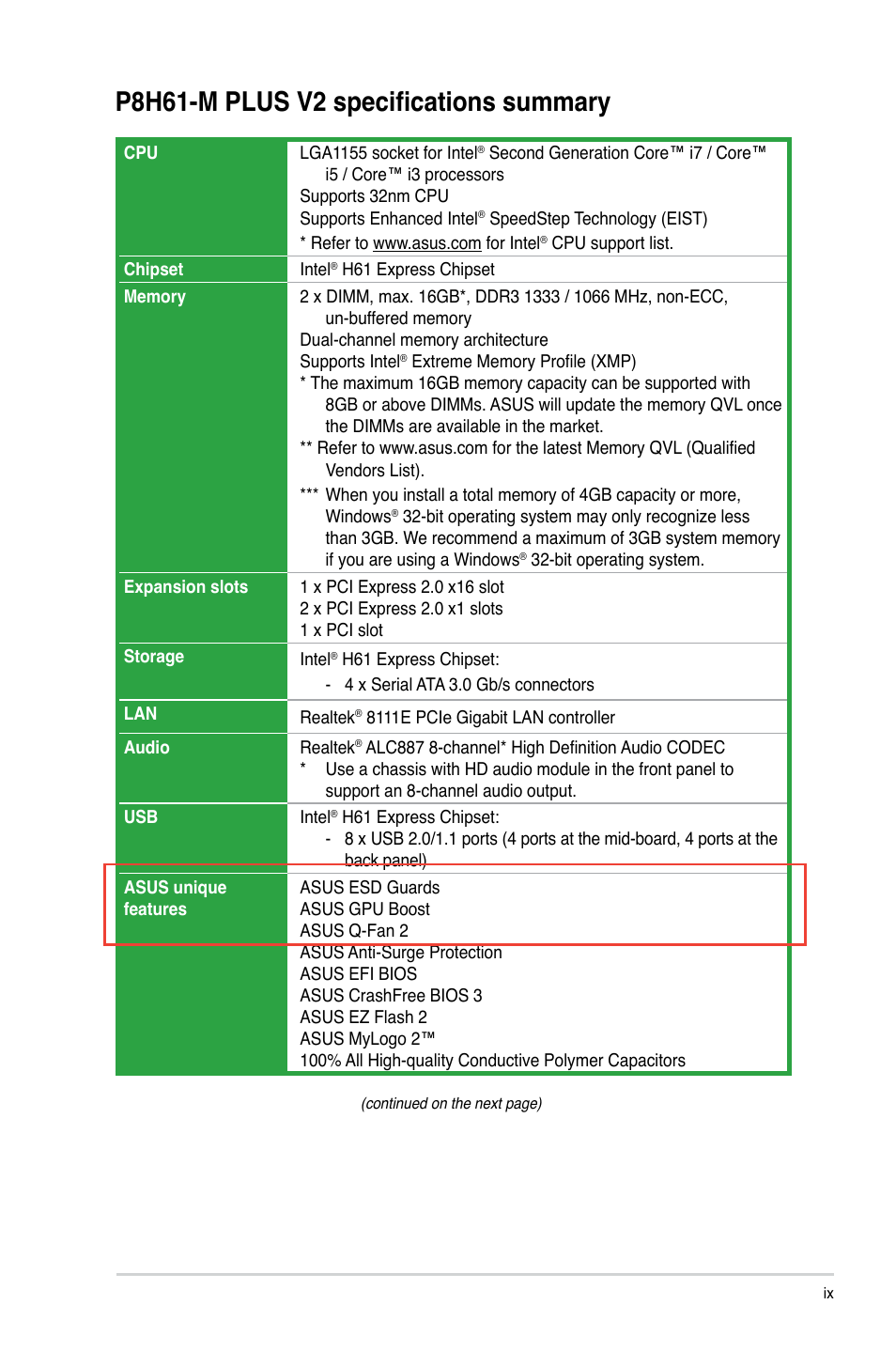 P8h61-m plus v2 specifications summary | Asus P8H61-M PLUS V2 User Manual | Page 9 / 60