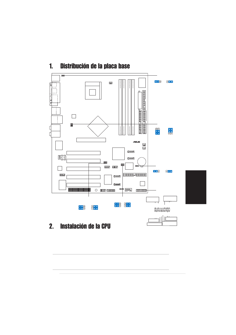 Instalación de la cpu, Distribución de la placa base, Espa ñ ol | Placa base asus p4p800-e deluxe, Intel ich5r, Pci1, Pci2 pci3 pci4 pci5, Panel | Asus P4P800-E Deluxe User Manual | Page 11 / 16