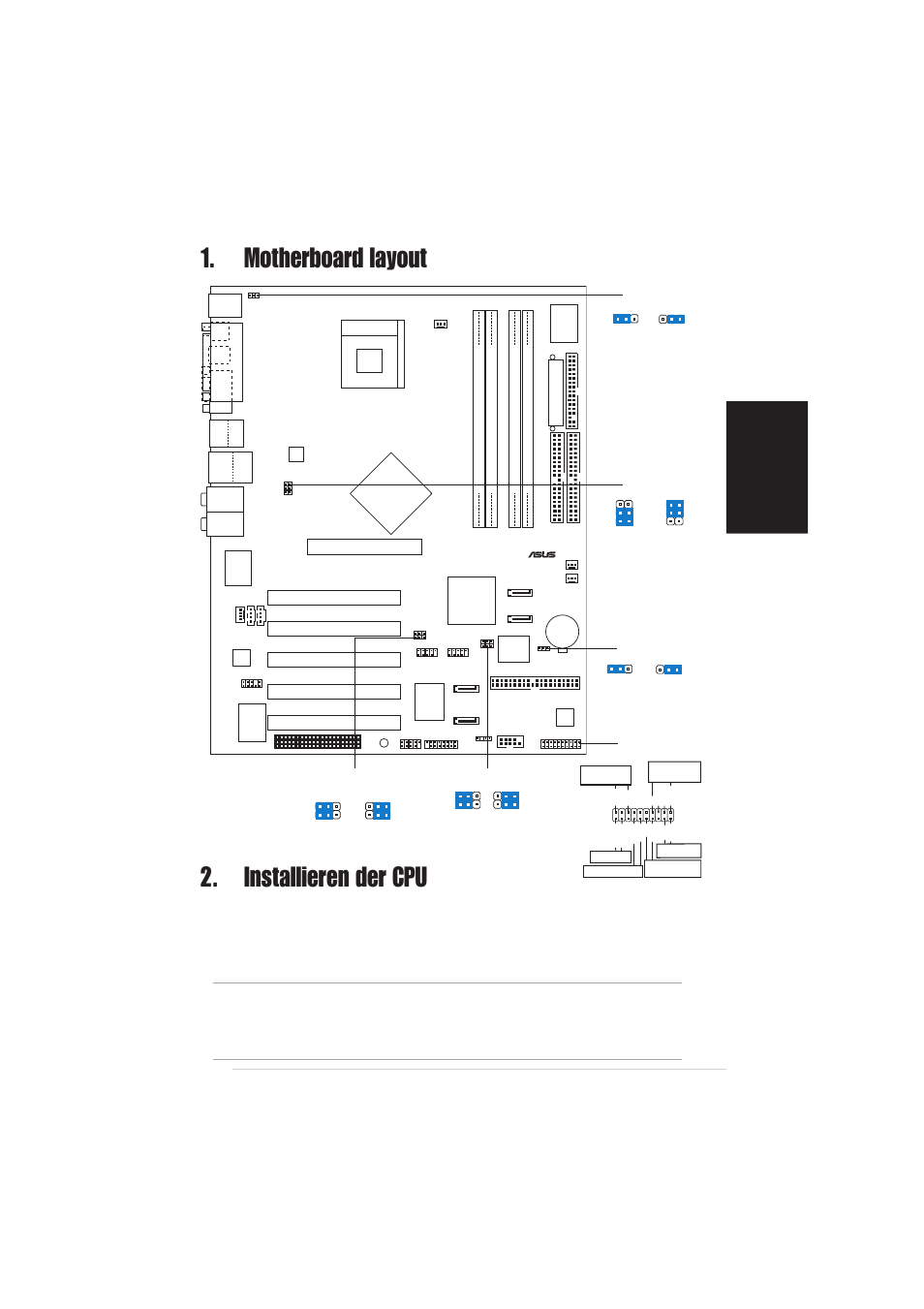 Installieren der cpu, Motherboard layout, Deutsch | Asus p4p800-e deluxe-motherboard, Intel ich5r, Pci1, Pci2 pci3 pci4 pci5, Panel | Asus P4P800-E Deluxe User Manual | Page 5 / 16