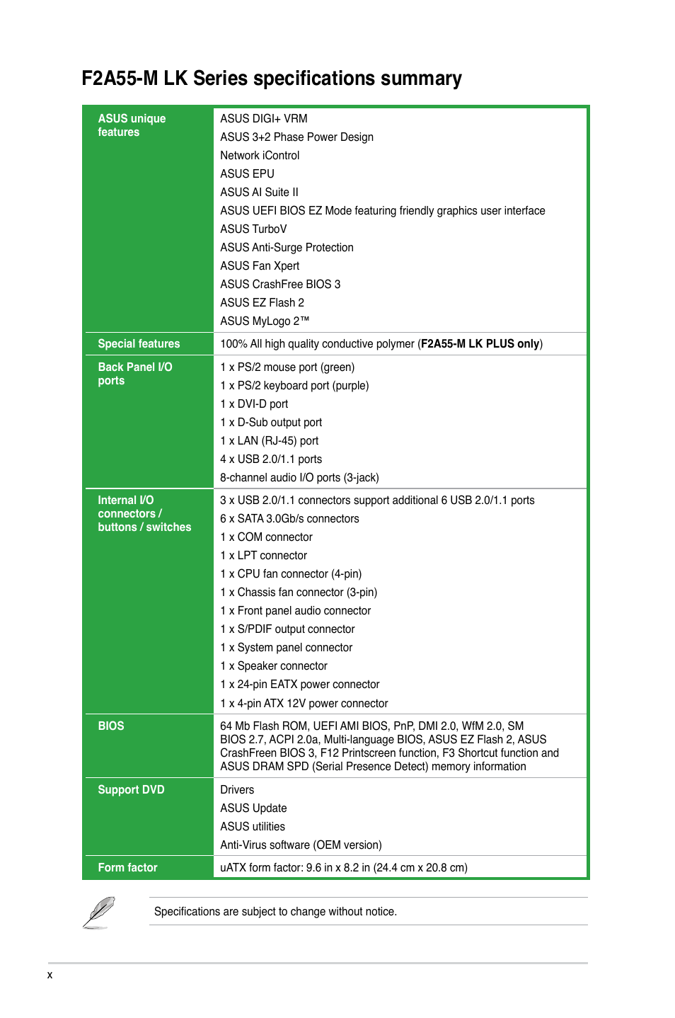 F2a55-m lk series specifications summary | Asus F2A55-M LK PLUS User Manual | Page 10 / 78