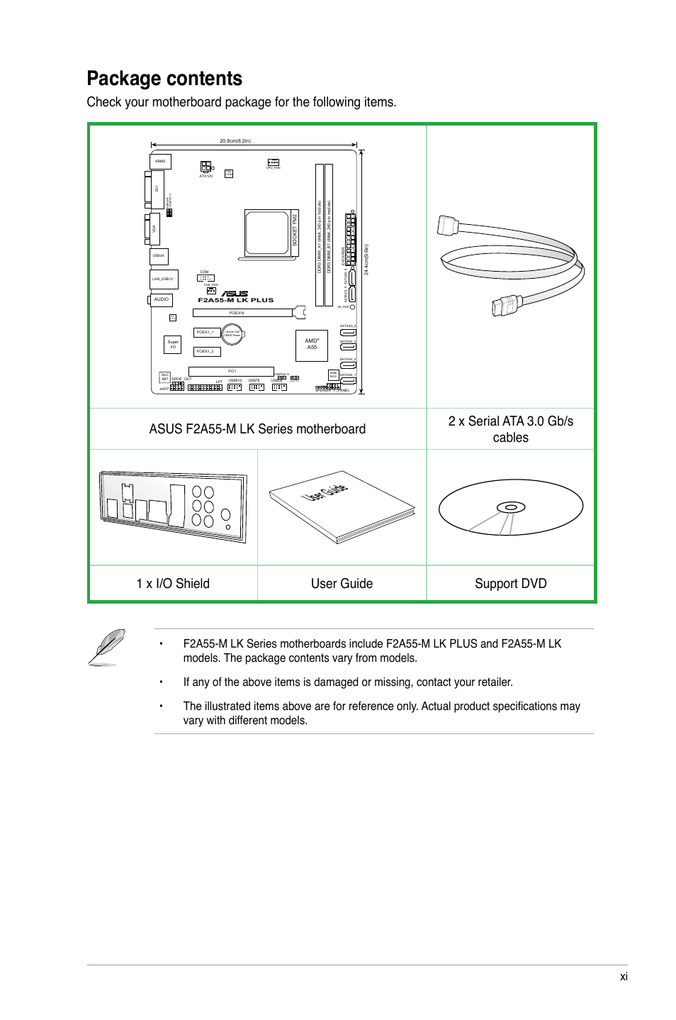 Package contents, User guide, 1 x i/o shield user guide support dvd | Asus F2A55-M LK PLUS User Manual | Page 11 / 78