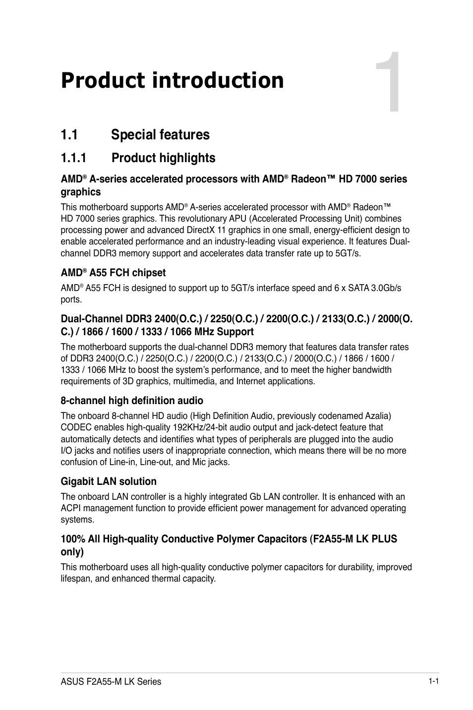 Product introduction, 1 special features, 1 product highlights | 1 special features -1, Product highlights -1 | Asus F2A55-M LK PLUS User Manual | Page 13 / 78