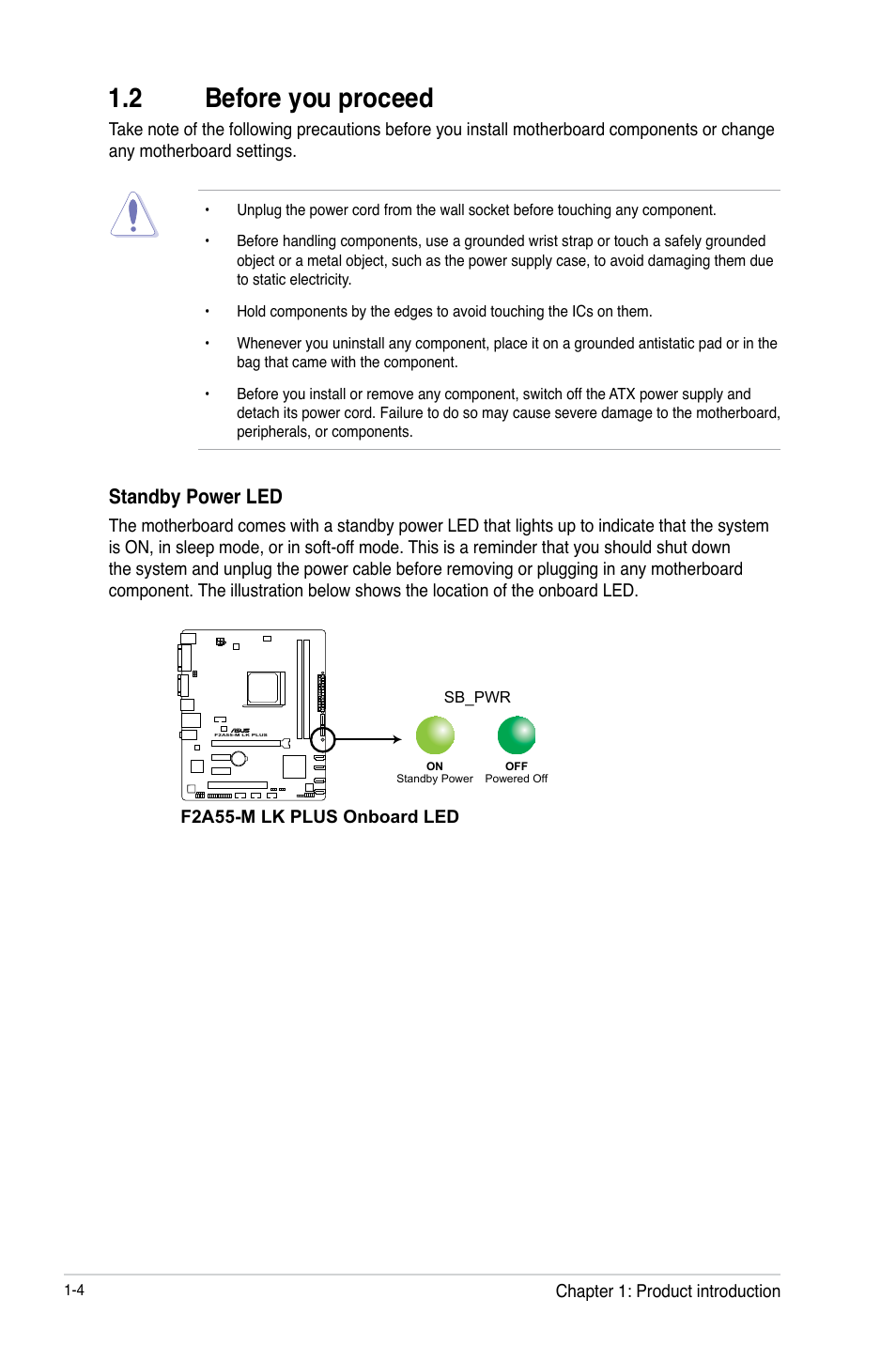 2 before you proceed, 2 before you proceed -4, Standby power led | Asus F2A55-M LK PLUS User Manual | Page 16 / 78