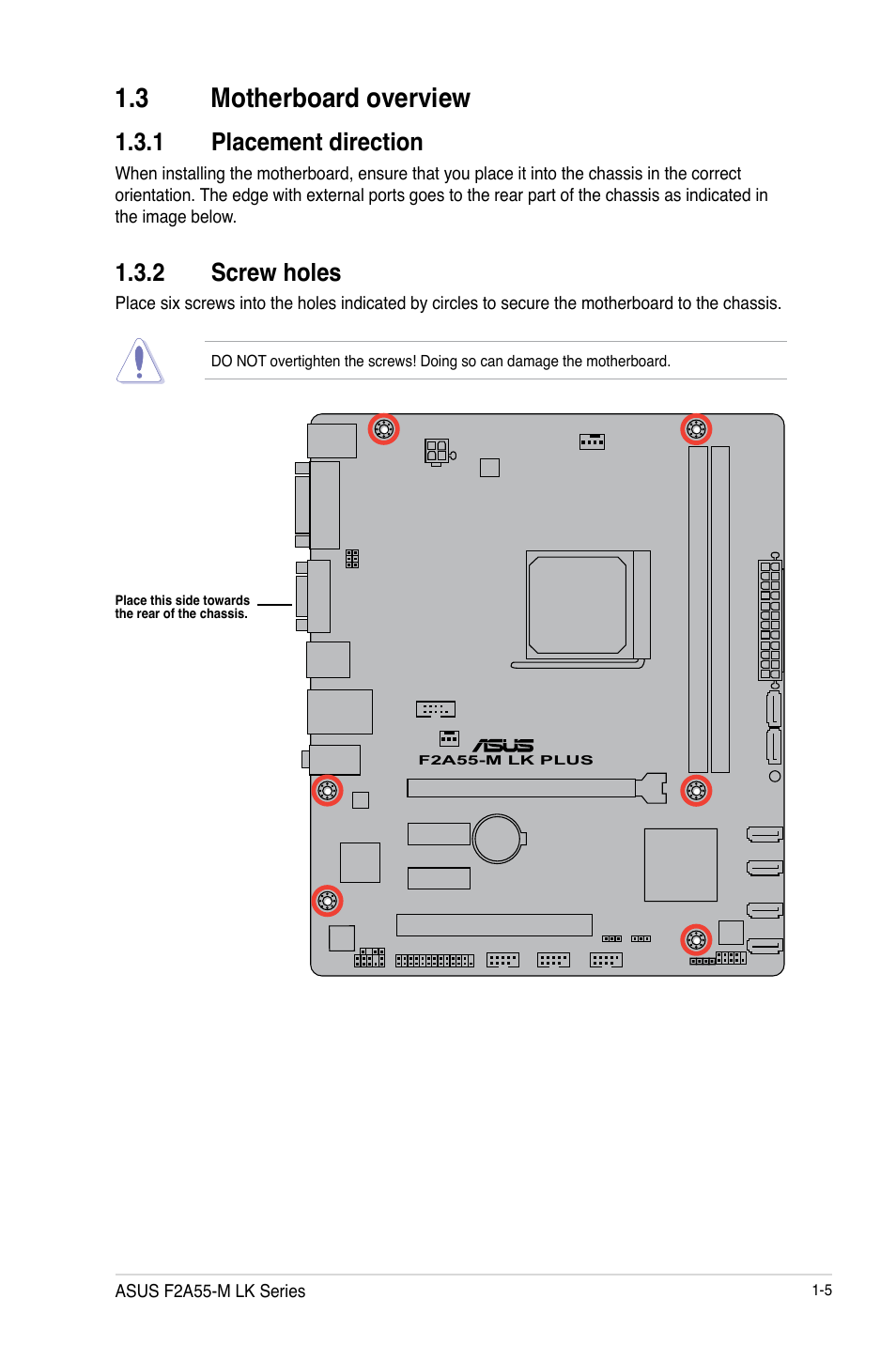 3 motherboard overview, 1 placement direction, 2 screw holes | 3 motherboard overview -5, Placement direction -5, Screw holes -5 | Asus F2A55-M LK PLUS User Manual | Page 17 / 78